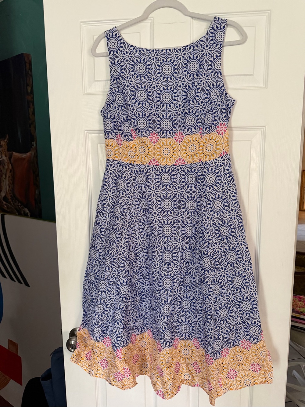 Boden Blue Printed Midi Dress with Yellow & Pink Accents